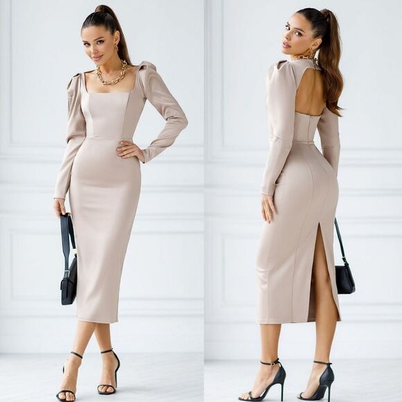 Elagia Elegant Beige Square Neck Backless Satin Puff Sleeve Pencil Midi Dress M - Picture 1 of 15